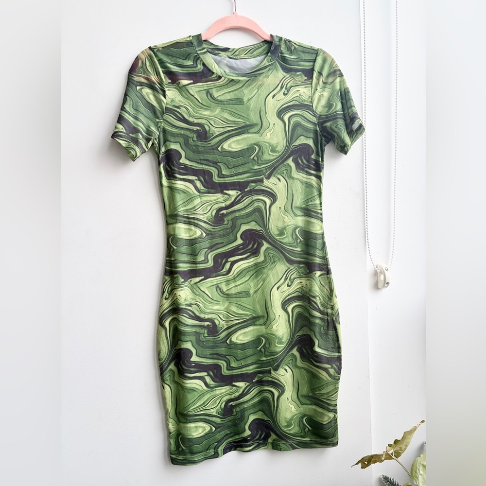Green Marble Pattern Sheer Mini Dress